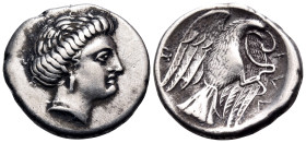 EUBOIA. Chalkis. Circa 338-308 BC. Drachm (Silver, 18 mm, 3.53 g, 11 h). Head of the nymph Chalkis to right. Rev. X-A-Λ Eagle flying upwards, grapplin...