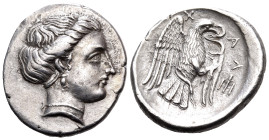 EUBOIA. Chalkis. Circa 290-273/1 BC. Drachm (Silver, 18 mm, 3.68 g, 10 h). Head of the nymph Chalkis to right. Rev. XA-Λ Eagle with open wings, grappl...
