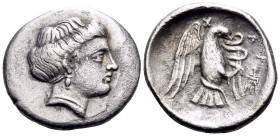 EUBOIA. Chalkis. Circa 338-308 BC. Drachm (Silver, 18 mm, 3.45 g, 11 h). Head of the nymph Chalkis to right. Rev. X-AΛ Eagle flying upwards, grappling...
