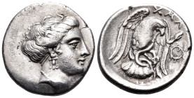 EUBOIA. Chalkis. Circa 290-273/1 BC. Drachm (Silver, 18 mm, 3.50 g, 10 h). Head of the nymph Chalkis to right. Rev. ΧΑΛ Eagle with open wings, grappli...