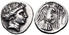 EUBOIA. Chalkis. Circa 290-273/1 BC. Drachm (Silver, 17.5 mm, 3.61 g, 10 h). Head of the nymph Chalkis to right. Rev. XΑΛ Eagle with open wings, grapp...