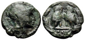 ATTICA. Athens. Circa 130-90 BC. (Bronze, 12 mm, 1.76 g, 1 h). Head of Athena to right, wearing attic helmet. Rev. ΑΘΕ Two owls standing facing, on th...