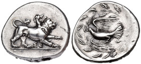 SIKYONIA. Sikyon. Circa 431-400 BC. Stater (Silver, 26 mm, 12.15 g, 9 h). Chimaera standing to right, raising left forepaw; below, ΣΕ. Rev. Dove flyin...