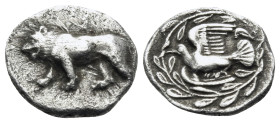 SIKYONIA. Sikyon. Circa 431-400 BC. Hemiobol (Silver, 8 mm, 0.43 g, 5 h). Lion standing to left, without ground line. Rev. Dove flying left with wings...