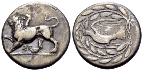 SIKYONIA. Sikyon. Circa 335-330 BC. Drachm (Silver, 20 mm, 5.49 g, 6 h). Chimaera standing left with right forepaw raised; below, ΣΕ. Rev. Dove flying...