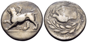 SIKYONIA. Sikyon. Circa 335-330 BC. Drachm (Silver, 20 mm, 5.45 g, 12 h). Chimaera standing left with right forepaw raised; below, ΣΕ. Rev. Dove flyin...