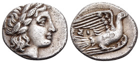 SIKYONIA. Sikyon. Circa 340s-320s BC. Obol (Silver, 12 mm, 0.84 g, 12 h). Laureate head of Apollo to right. Rev. Dove flying to right; above tail, ΣI....