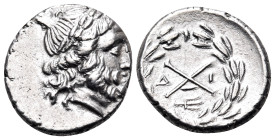 ACHAIA, Achaian League. Patrai. Circa 175-168 BC. Tetrobol (Silver, 15 mm, 2.42 g, 1 h). Laureate head of Zeus to right. Rev. Monogram of the Achaian ...