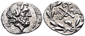 ACHAIA, Achaian League. Patrai. Circa 86 BC. Drachm (Silver, 18 mm, 2.29 g, 12 h). Laureate head of Zeus to right. Rev. Achaian League monogram; above...