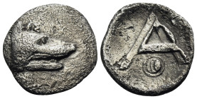 ARGOLIS. Argos. Circa 320s-270 BC. Obol (Silver, 12 mm, 0.72 g, 6 h). Head of wolf to right; above, ΣΙ. Rev. Large A with round shield below cross bar...