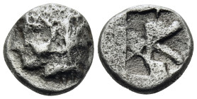ARGOLIS. Kleonai. Circa 470-420 BC. Obol (Silver, 9 mm, 0.96 g, 9 h). Head of Herakles to left, wearing lion skin headdress. Rev. K within incuse squa...