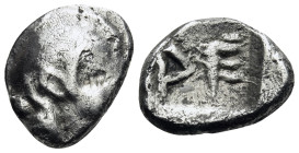 ARKADIA. Heraia. Circa 500-495 BC. Obol (Silver, 10.5 mm, 0.92 g, 3 h). Head of Hera to right. Rev. PΕ within incuse. BCD Peloponnesos -. HGC -. SNG C...