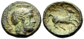 ARKADIA. Kleitor. Circa 370-350 BC. (Bronze, 13 mm, 2.15 g, 10 h). Helmeted head of Athena to right. Rev. Κ-Λ-Η Horse with trailing reins galloping to...