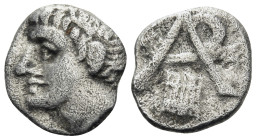 ARKADIA. Megalopolis. Circa 320s - c. 275 BC. Obol (Silver, 10.5 mm, 0.72 g, 11 h). Hored head of Pan to left. Rev. Monogram of APK; below, syrinx. Cf...