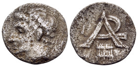 ARKADIA, Arkadian League. Megalopolis. Circa 330-275 BC. Obol (Silver, 12 mm, 0.80 g, 3 h). Horned head of Pan to left; behind head, I. Rev. Large mon...