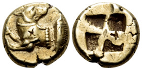 MYSIA. Kyzikos. Circa 550-450 BC. Hekte (Electrum, 10.5 mm, 2.68 g). Forepart of a hound to left, head turned back to right; to right, tunny swimming ...