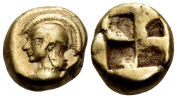 MYSIA. Kyzikos. Circa 500-450 BC. Hekte (Electrum, 11 mm, 2.64 g). Head of Athena to left, wearing crested Attic helmet. Rev. Quadripartite incuse squ...