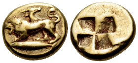 MYSIA. Kyzikos. Circa 550-500 BC. Hekte (Electrum, 11 mm, 2.59 g). Chimaera moving to left: with a lion's head and body, a goat's head and neck emergi...