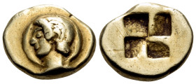 MYSIA. Kyzikos. Hekte (Electrum, 12 mm, 2.63 g). Youthful archaic male head to left on disk; [below, tunny swimming to left]. Rev. Quadripartite incus...