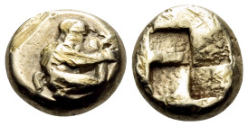 MYSIA. Kyzikos. Circa 460-400 BC. Hemihekte (Electrum, 8 mm, 1.31 g). Silenos kneeling to right, holding amphora with his left hand, pouring wine into...