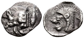 MYSIA. Kyzikos. Circa 450-400 BC. Obol (Silver, 13 mm, 0.75 g, 3 h). Forepart of boar to left, retrograde E on shoulder; behind, tunny upwards. Rev. H...