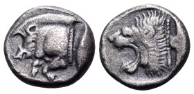 MYSIA. Kyzikos. Circa 450-400 BC. Obol (Silver, 8 mm, 0.53 g, 7 h). Boar forepart to left; behind, tunny swimming downward. Rev. Head of a roaring lio...