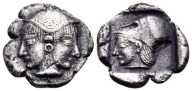 MYSIA. Lampsakos. Circa 500-450 BC. Diobol (Silver, 11 mm, 1.12 g, 9 h). Janiform female head wearing diadem and circular earring. Rev. Head of Athena...