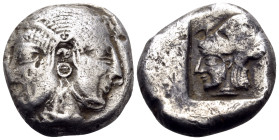 MYSIA. Lampsakos. Circa 500-470 BC. Drachm (Silver, 17 mm, 4.43 g, 11 h). Archaic Janiform female head wearing double stephane and circular earring. R...
