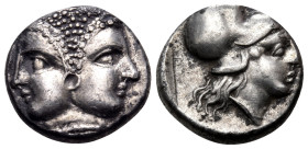 MYSIA. Lampsakos. Circa 390-330 BC. Diobol (Silver, 10 mm, 1.21 g, 12 h). Janiform female heads. Rev. [ΛΑ...] Head of Athena to right, wearing Corinth...