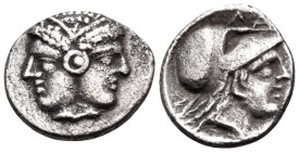 MYSIA. Lampsakos. Circa 390-330 BC. Diobol (Silver, 12.5 mm, 1.18 g, 9 h). Archaic Janiform female head wearing double stephane and circular earring. ...
