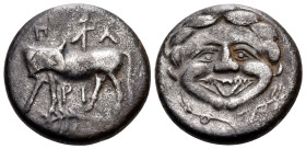 MYSIA. Parion. 4th century BC. Hemidrachm (Silver, 13 mm, 2.18 g, 6 h). Cow standing to left, head turned back to right; above, cult image of Athena w...