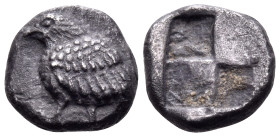 TROAS. Abydos. Circa 500-480 BC. Diobol (?) (Silver, 9.5 mm, 1.23 g). Eagle standing to left. Rev. Quadripartite incuse square with two filled quandra...
