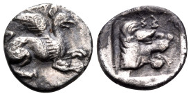 TROAS. Assos. Circa 480-450 BC. Obol (Silver, 9 mm, 0.56 g, 5 h). Griffin recumbent to right. Rev. AΣΣ (retrograde) Head of roaring lion to right with...