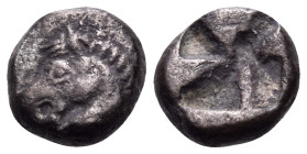 ASIA MINOR, Uncertain mint, possibly Kyme. 550-500 BC. Obol (Silver, 6.5 mm, 0.58 g). Head and neck of a horse to left. Rev. Quadripartite incuse squa...
