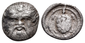 LESBOS. Methymna. Circa 450/40-406/379 BC. Obol (Silver, 7.5 mm, 0.35 g, 9 h). FAcing head of Silenos. Rev. Tortoise seen from above within linear cir...