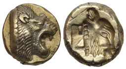 LESBOS. Mytilene. Circa 521-478 BC. Hekte (Electrum, 10 mm, 2.60 g, 12 h). Head of a roaring lion to right. Rev. Head of a calf to right; at the neck ...