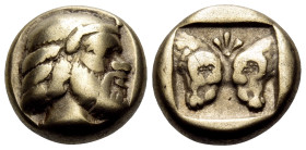 LESBOS. Mytilene. Circa 454-428/7 BC. Hekte (Electrum, 10 mm, 2.48 g, 11 h). Bald head of Silenos to right, wearing taenia. Rev. Two confronted ram's ...