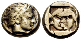 LESBOS. Mytilene. Circa 454-428/7 BC. Hekte (Electrum, 11 mm, 2.49 g, 9 h). Head of Aktaion to right, with stag's horn. Rev. Facing gorgoneion within ...