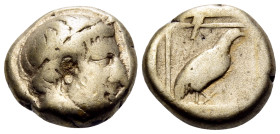 LESBOS. Mytilene. Circa 454-428/7 BC. Hekte (Electrum, 10 mm, 2.49 g, 6 h). Laureate head of Apollo to right. Rev. Rock partridge advancing to right w...