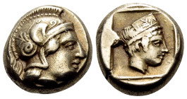 LESBOS. Mytilene. Circa 412-378 BC. Hekte (Electrum, 10.5 mm, 2.56 g, 6 h). Head of Athena to right, wearing crested Attic helmet with raised cheekpie...