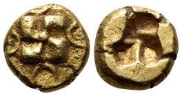 IONIA. Uncertain mint. Circa 550-500 BC. Hemihekte (Electrum, 8 mm, 1.25 g). Swastika in relief; at each side, crescent with points outwards. Rev. Qua...