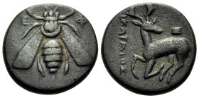 IONIA. Ephesos. Circa 390-320/00 BC. (Bronze, 15 mm, 3.14 g, 12 h), Hekataios magistrate. E-Φ Bee. Rev. ΕΚΑΤΑΙΟΣ Stag kneeling left, head right; above...