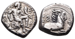 CYPRUS. Salamis. Evagoras I, circa 411-374 BC. 1/3 Stater (Silver, 15 mm, 3.06 g, 10 h). e-u-wa-ko-ro ( in Cypriot syllabic script ) Herakles, nude, s...