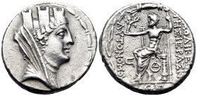 SYRIA, Seleukis and Pieria. Laodicea ad Mare. 78/7-17/6 BC. Tetradrachm (Silver, 28 mm, 15.17 g, 12 h), Dated CY ς (6) = 76-5 BC. Veiled, draped, and ...