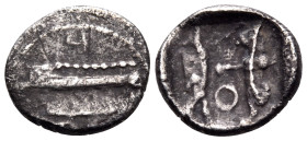 PHOENICIA. Sidon. Baalshallim II, circa 401-366 BC. 1/16 Shekel (Silver, 10 mm, 0.69 g, 7 h). B (in Phoenician script) Galley to left above two rows o...