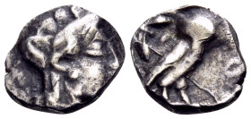 PHILISTIA (PALESTINE). Uncertain mint. Mid 5th century-333 BC. Obol (Silver, 9 mm, 0.64 g, 12 h). Head of Athena to right, wearing crested Attic helme...