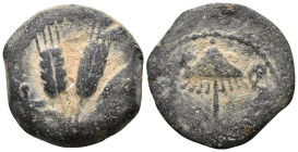 JUDAEA, Herodians. Agrippa I, 37-43 CE. Prutah (Bronze, 17 mm, 2.84 g, 11 h), Jerusalem, year ς = 6 = 41-42. BACIΛEΩC AΓPIΠA Umbrella-like canopy with...