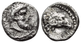 KYRENAIKA. Barke. Circa 435-331 BC. Obol (Silver, 8 mm, 0.40 g, 7 h). Bearded head of Zeus Ammon to right, ram's horn over his ear. Rev. Head of a ram...