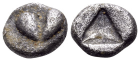 KYRENAICA. Kyrene. Circa 550-500 BC. Obol (Silver, 8 mm, 0.75 g, 10 h), Attic standard. Silphium fruit. Rev. Stellate pattern within incuse triangle. ...