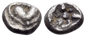 KYRENAIKA. Kyrene. Circa 550-500 BC. Hemiobol (Silver, 6 mm, 0.37 g, 12 h), Attic standard. Silphium fruit. Rev. Three lotus buds with a central pelle...